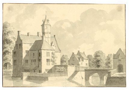 HUA-202085-Gezicht op het omgrachte kasteel Wulven te Houten met rechts de voorburcht met het poortgebouw