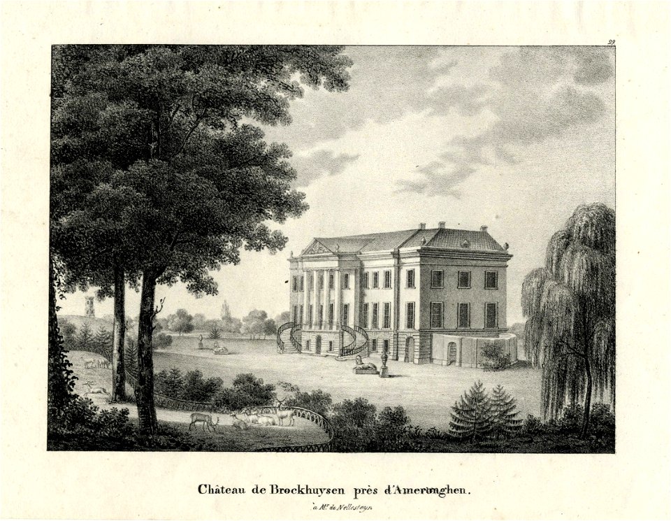 HUA-201155-Gezicht op de voor en zijgevel van het huis Broekhuizen te Leersum temidden van het omringende landschapspark met links op de achtergrond het grafmonu