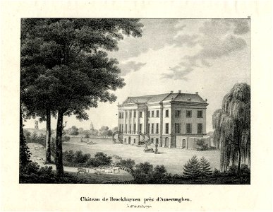 HUA-201155-Gezicht op de voor en zijgevel van het huis Broekhuizen te Leersum temidden van het omringende landschapspark met links op de achtergrond het grafmonu