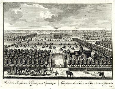 HUA-202185-Gezicht vanuit het kasteel Zuilenstein bij Amerongen over de grote toegangslaan van het kasteel en de boomgaard aan de zuidoostzijde in de richting va