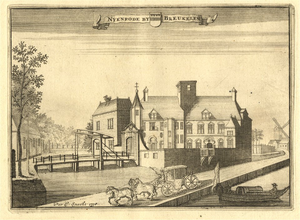 HUA-201696-Gezicht vanaf de straatweg langs de Vecht op het kasteel Nijenrode bij Breukelen uit het zuidoosten met links het stalgebouw en de brug tussen de voor