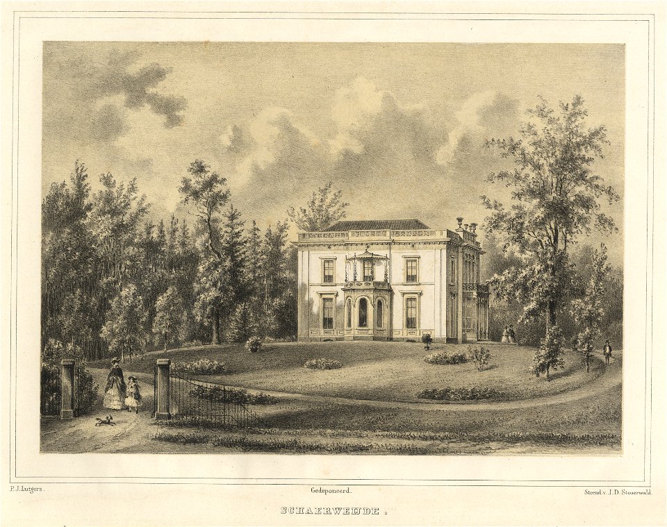 HUA-201964-Gezicht op de voor en de zijgevel van het huis Schaerweijde te Zeist met de omringende tuin