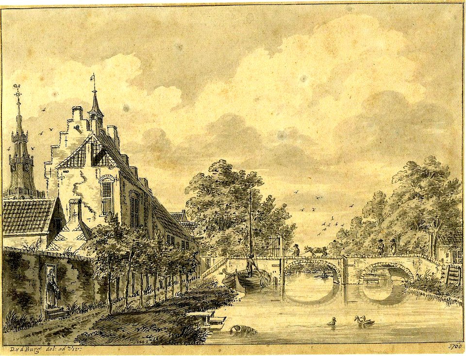 HUA-200224-Gezicht op de Hollandse IJssel bij Montfoort met de IJsselpoort en het daartegenaan gebouwde raadhuis trapgevels en op de achtergrond de toren van de 