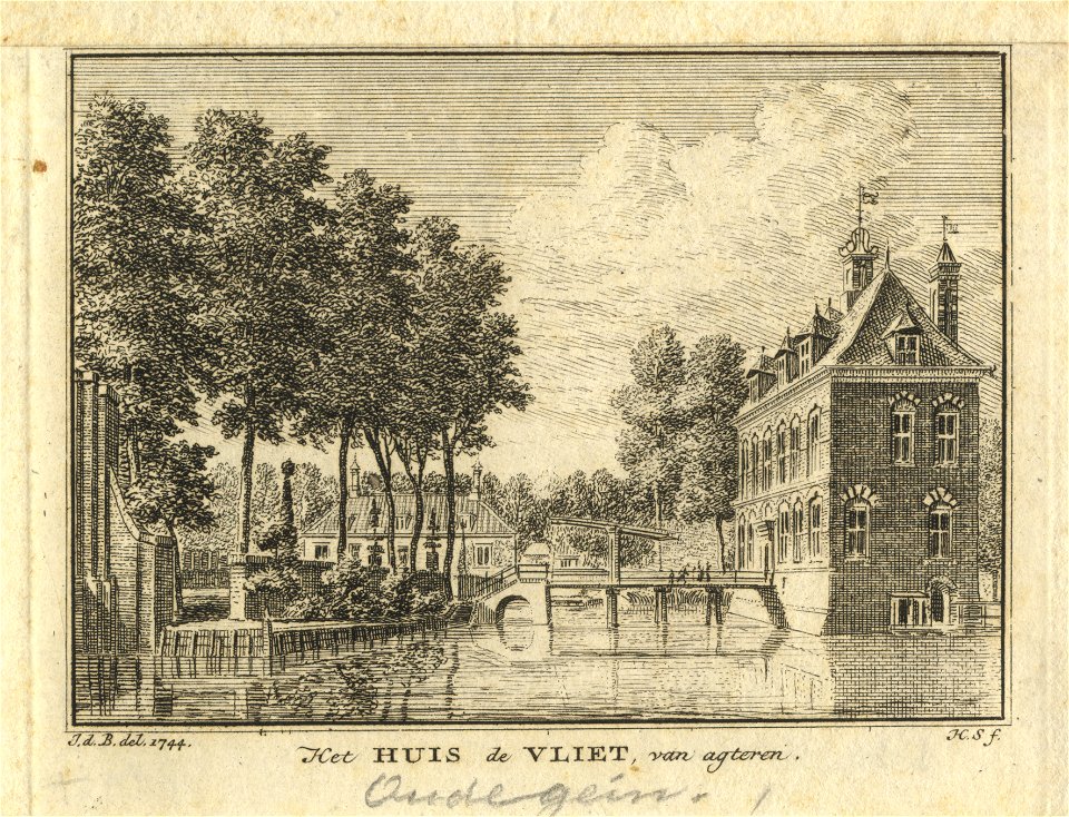 HUA-201740-Gezicht op de voor en zijgevel van het kasteel Oudegein te Jutphaas met links het voorterrein met een van de bouwhuizen uit het zuidoostenNB De gemeen