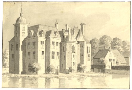 HUA-201584-Gezicht op de achter en zijgevel van het kasteel Moersbergen bij Doorn met rechts enkele bouwhuizen op het voorplein