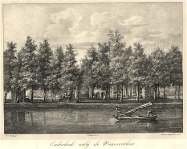 HUA-201776-Gezicht vanaf de Vecht bij Nieuwersluis op de buitenplaats Ouderhoek met van links naar rechts de theekoepel het inrijhek het koetshuis en het buitenh