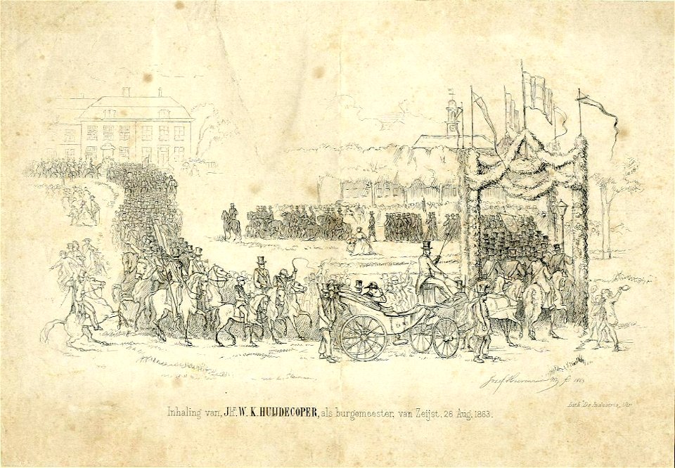 HUA-201010-Afbeelding van de stoet en de erepoort tijdens het inhalen van de nieuwe burgemeester van Zeist Jhr WK Huydecoper op 28 augustus 1863