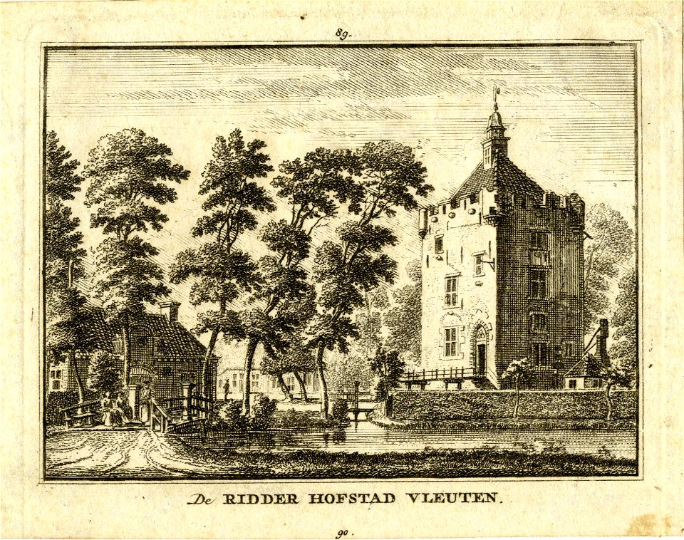 HUA-201978-Gezicht op het kasteel Te Vleuten te Vleuten gemeente Vleuten De Meern met de omringende slotgracht en links een bijgebouw op de voorburchtNB De gemee