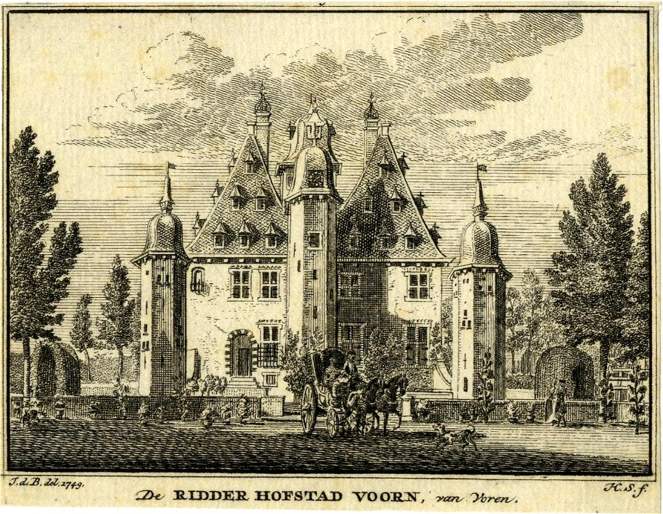 HUA-201989-Gezicht vanaf de voorburcht op de voorgevel van het kasteel Voorn te De Meern gemeente Vleuten De Meern met twee duiventorens op de hoeken van het voo