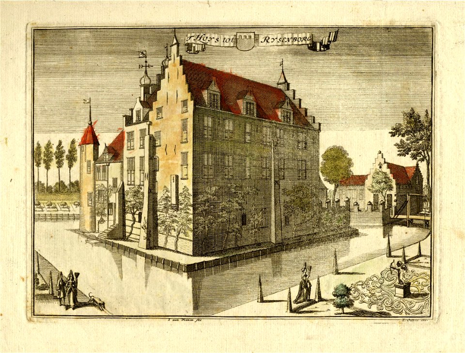 HUA-201840-Gezicht op het omgrachte kasteel Rijsenburg bij Driebergen met rechts op de achtergrond de bebouwing op de voorburchtNB De gemeenten Driebergen en Rij