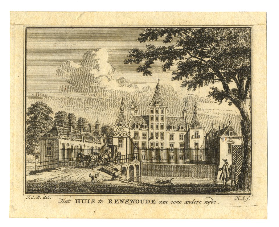 HUA-201798-Gezicht over de toegangsbrug en het voorplein met de beide bouwhuizen op de voorgevel van het kasteel Renswoude te Renswoude uit het oosten