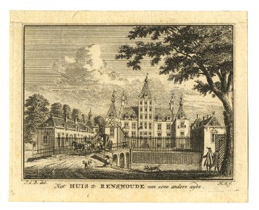 HUA-201798-Gezicht over de toegangsbrug en het voorplein met de beide bouwhuizen op de voorgevel van het kasteel Renswoude te Renswoude uit het oosten