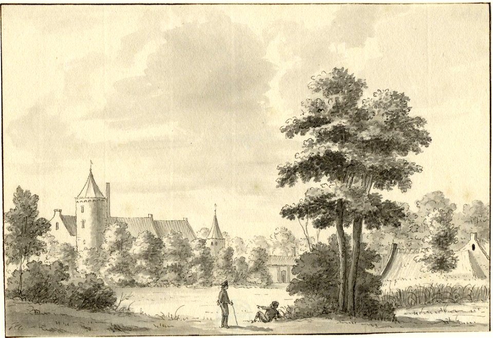 HUA-201551-Gezicht op het kasteel Maarsbergen te Maarsbergen gemeente Maarn en enkele bijgebouwen verscholen tussen de bomen