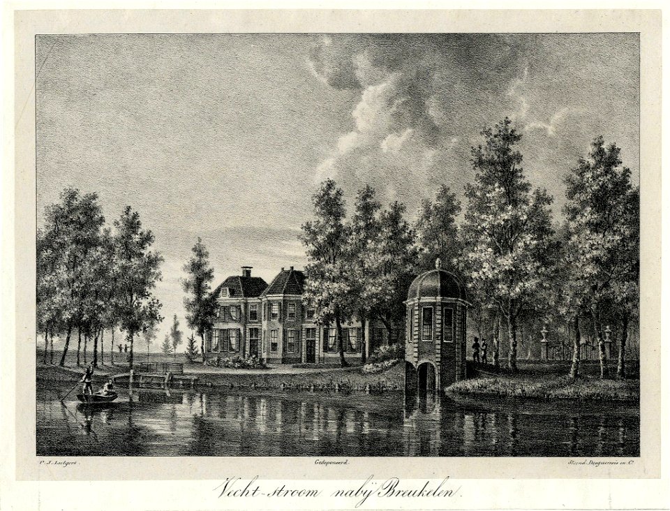 HUA-202028-Gezicht op de Vecht bij Breukelen met het huis Vechtstroom en rechts de bijbehorende koepel annex botenhuis