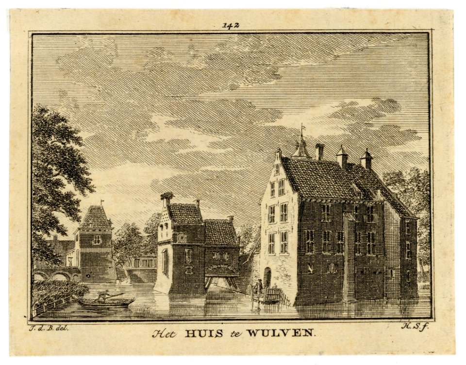 HUA-202088-Gezicht op de achtergevel van het omgrachte kasteel Wulven te Houten met op de achtergrond de gedeeltelijk ommuurde voorburcht