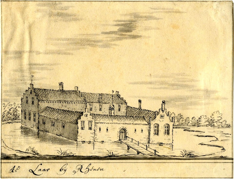 HUA-201499-Gezicht op een omgracht kasteel met drie vleugels rond een binnenplaats