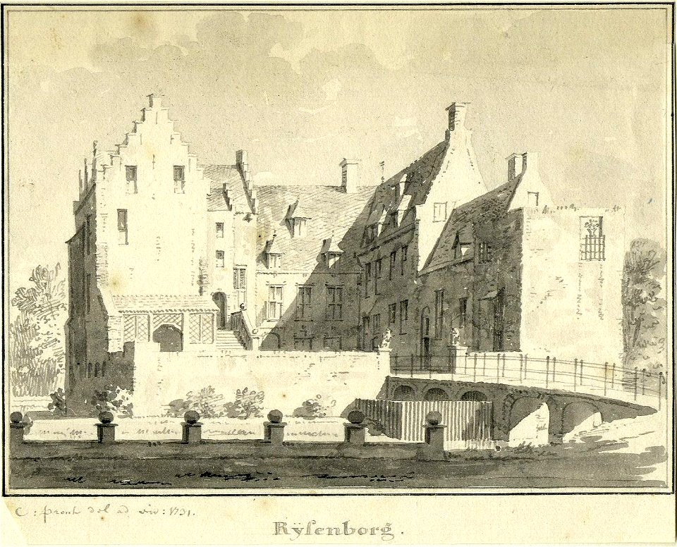 HUA-201874-Gezicht op de voorzijde van het kasteel Rijsenburg bij Driebergen met rechts de brug naar de voorburchtNB De gemeenten Driebergen en Rijsenburg zijn p