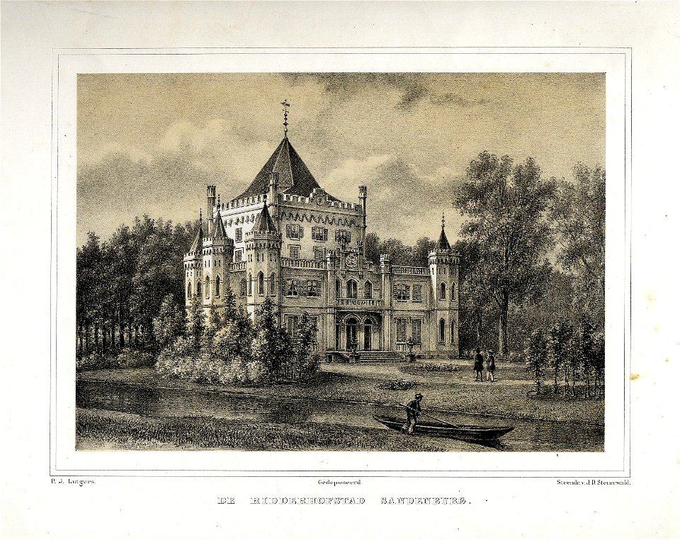 HUA-201883-Gezicht over de Langbroekerwetering op de zij en de voorgevel van het kasteel Sandenburg te Nederlangbroek gemeente Langbroek NB Kasteel Sandenburg he