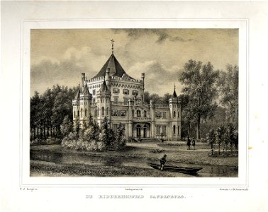 HUA-201883-Gezicht over de Langbroekerwetering op de zij en de voorgevel van het kasteel Sandenburg te Nederlangbroek gemeente Langbroek NB Kasteel Sandenburg he