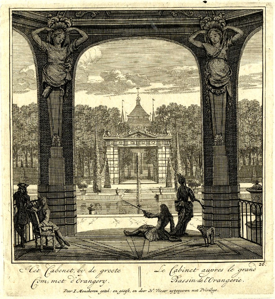 HUA-201412-Gezicht vanuit het paviljoen aan het zuidwestelijke einde van de tuin van de buitenplaats Heemstede te Houten over de grote vijver op de poort met wat