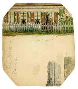 HUA-202291-Gezicht op de gedeeltelijke voorgevel van een huis met groen rode luiken en een geschulpte daklijst mogelijk gelegen onder Doorn