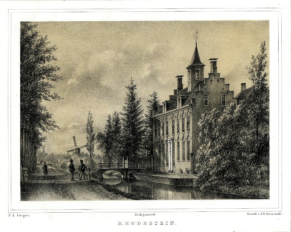 HUA-201865-Gezicht op de voor en de zijgevel van het huis Rhodestein bij Nederlangbroek gemeente Langbroek NB Het huis Rhodestein Royestein lag op de hoek van de
