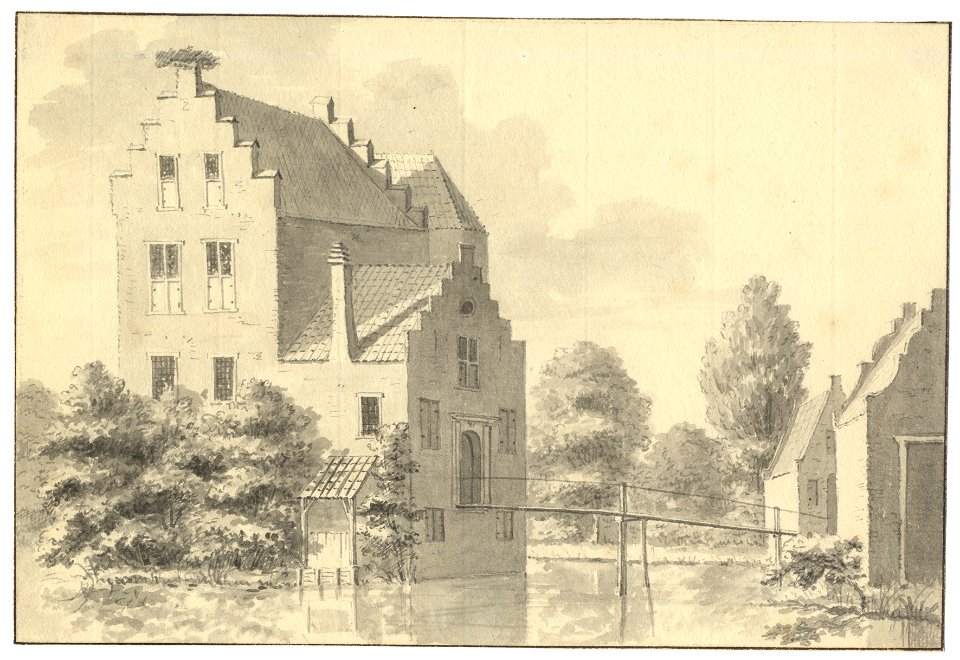 HUA-201925-Gezicht op het huis Stormerdijk te Jutphaas uit het zuidwesten met rechts een gedeelte van het poortgebouw op de voorburchtNB De gemeenten Jutphaas en