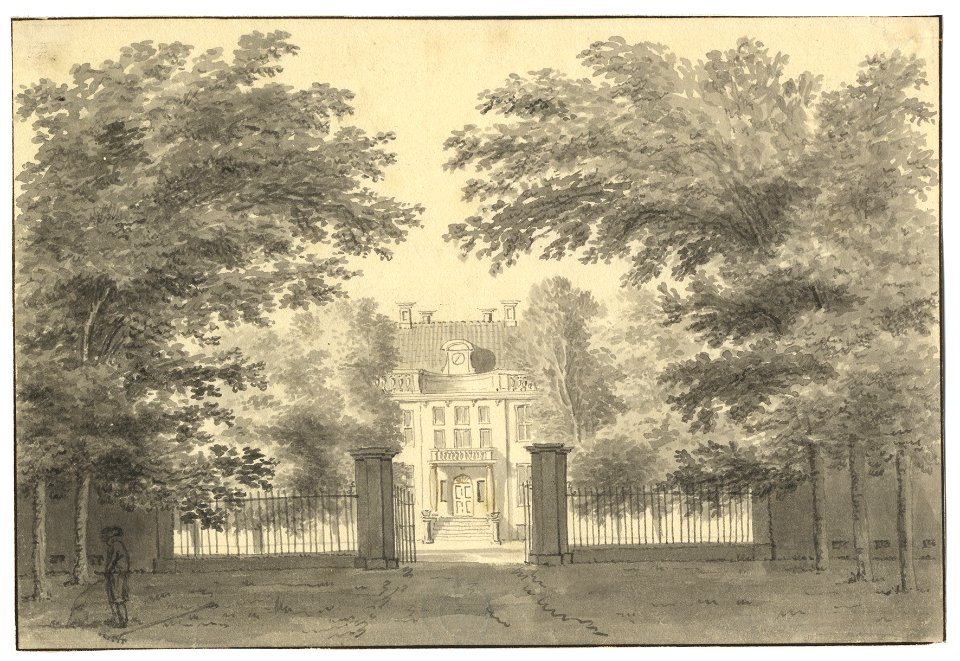 HUA-201902-Gezicht op het toegangshek en een gedeelte van de voorgevel van het huis Soestdijk te Baarn