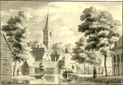 HUA-200643-Gezicht in het dorp Linschoten uit het noordwesten met op de voorgrond de rivier de Linschoten en op de achtergrond de toren van de Nederlands Hervorm