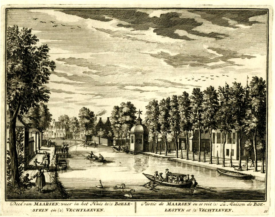 HUA-200723-Gezicht over de Vecht te Maarssen uit het zuiden met links het toegangshek van de buitenplaats Vechtleven en rechts de buitenplaats Bolenstein