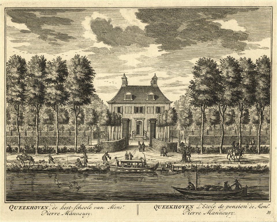 HUA-201788-Gezicht over de Vecht op de voorgevel van het huis Queeckhoven bij Breukelen met aan weerszijden de tuin voor het huis
