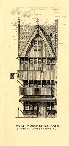 HUA-202593-Opstand van de gereconstrueerde houten voorgevel van het huis Koeckenkelnaer Oudegracht Stadhuisbrug 2 te Utrecht