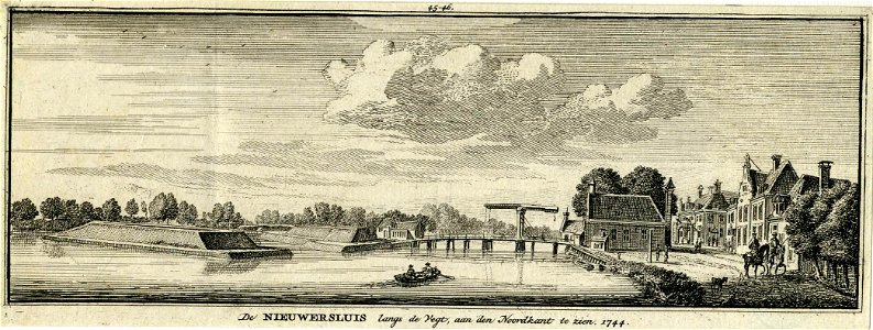 HUA-200774-Gezicht op de Vecht bij Nieuwersluis uit het noordoosten met links de in 1672 tegen de Fransen opgeworpen schans Nieuwersluis in het midden de tolbrug