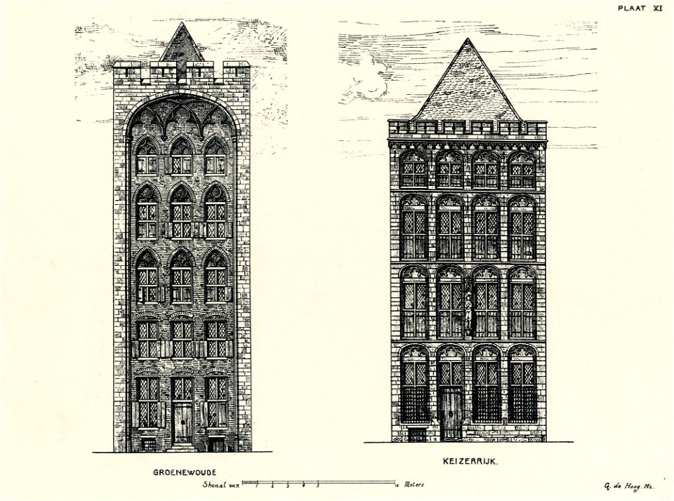 HUA-202656-Opstand van de gereconstrueerde voorgevel van het huis Groenewoude Oudegracht 151 links en van het huis Keizerrijk Oudegracht 160 te Utrecht rechts 