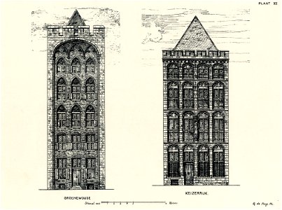 HUA-202656-Opstand van de gereconstrueerde voorgevel van het huis Groenewoude Oudegracht 151 links en van het huis Keizerrijk Oudegracht 160 te Utrecht rechts 