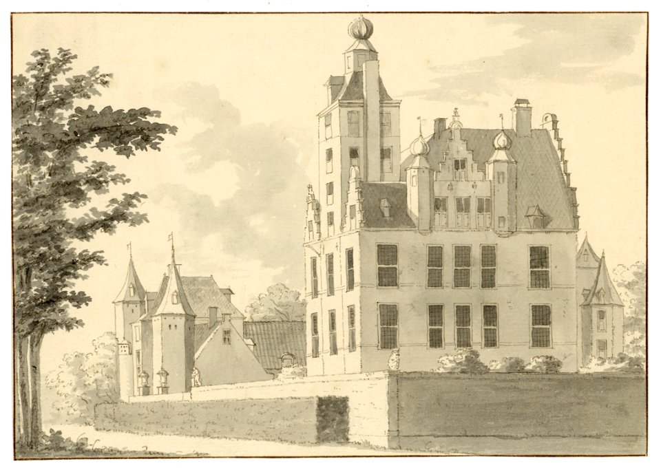 HUA-202160-Gezicht op de zij en de achtergevel van het kasteel Zuilenstein bij Amerongen met linksachter het poortgebouw uit het noordoosten