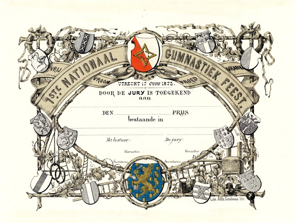 HUA-202426-Diploma van het Eerste Nationaal Gymnastiekfeest gehouden te Utrecht op 17 juni 1873 met een randversiering met gymnastiekattributen en het wapen van 