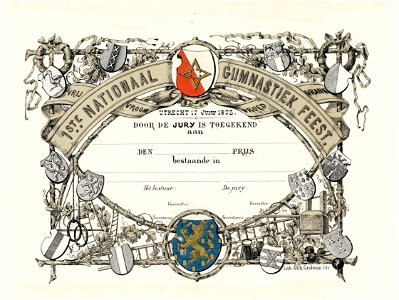 HUA-202426-Diploma van het Eerste Nationaal Gymnastiekfeest gehouden te Utrecht op 17 juni 1873 met een randversiering met gymnastiekattributen en het wapen van 