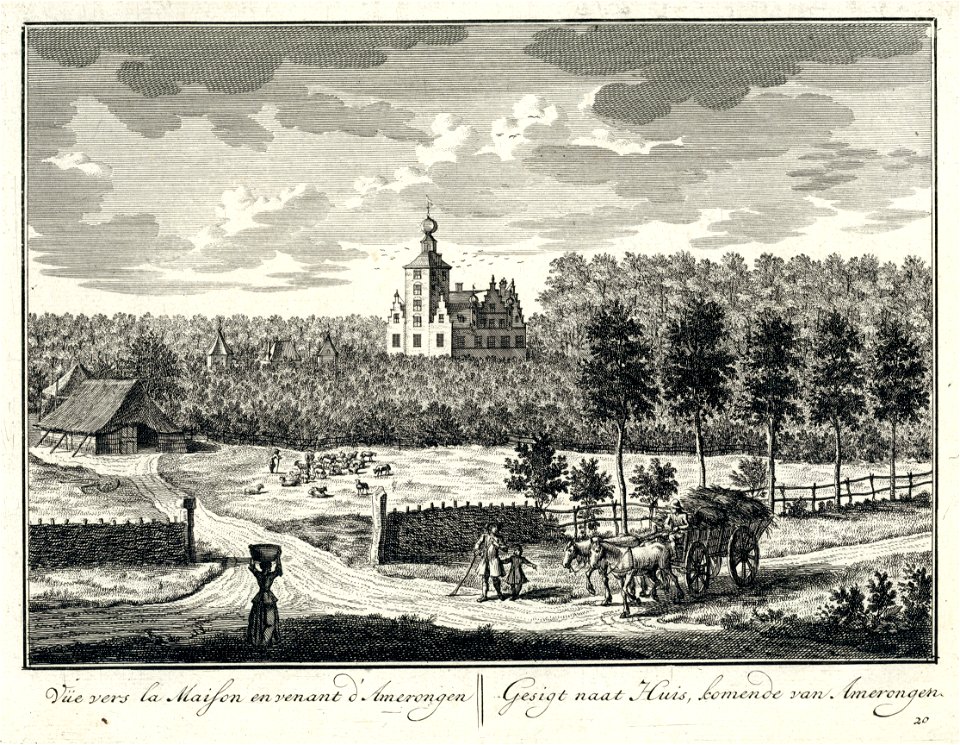 HUA-202189-Gezicht op de zij en de achtergevel van het kasteel Zuilenstein bij Amerongen met middenachter het poortgebouw en links een schaapskooi uit het oosten