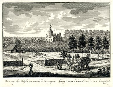 HUA-202189-Gezicht op de zij en de achtergevel van het kasteel Zuilenstein bij Amerongen met middenachter het poortgebouw en links een schaapskooi uit het oosten