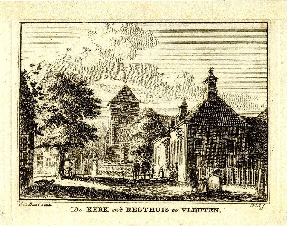 HUA-200864-Gezicht in het dorp Vleuten met rechts het rechthuis en op de achtergrond de Nederlands Hervormde kerk uit het zuiden