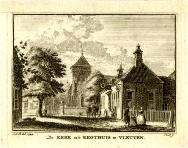 HUA-200864-Gezicht in het dorp Vleuten met rechts het rechthuis en op de achtergrond de Nederlands Hervormde kerk uit het zuiden