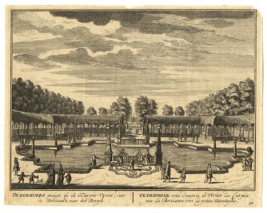 HUA-201746-Gezicht in de tuin achter het huis Ouderhoek aan de Vecht bij Nieuwersluis de karpervijver omgeven door berceaux met op de achtergrond het zogeheten B
