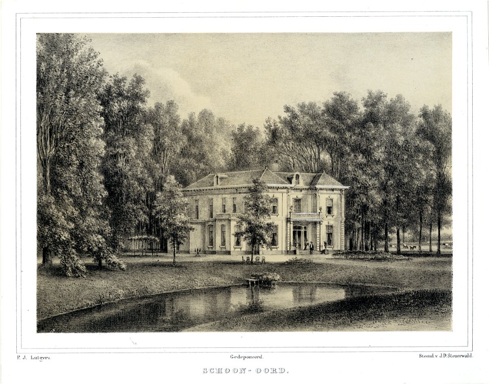HUA-202419-Gezicht over de vijver op de zij en de voorgevel van het huis Schoonoord Postweg 18 te Doorn uit het zuiden