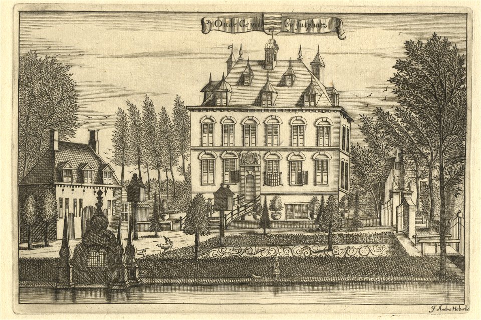 HUA-201773-Gezicht over het omgrachte voorplein op de voorgevel van het kasteel Oudegein te Jutphaas met links een van de bouwhuizen uit het zuidenNB De gemeente