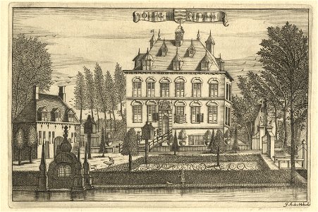 HUA-201773-Gezicht over het omgrachte voorplein op de voorgevel van het kasteel Oudegein te Jutphaas met links een van de bouwhuizen uit het zuidenNB De gemeente