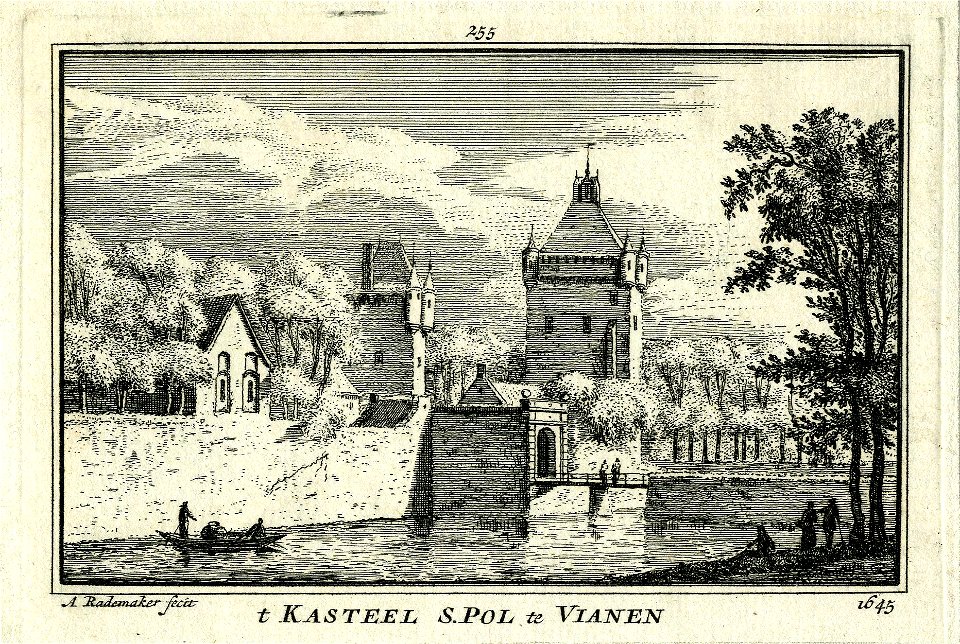 HUA-200922-Gezicht over de slotgracht op de ommuring van het kasteel Batestein met de Hofpoort en de toren St Pol te Vianen