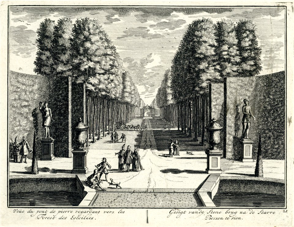HUA-202216-Gezicht in de centrale laan van het park achter de tuin achter het slot te Zeist vanaf de brug over de halfronde vijver uit het noordoosten