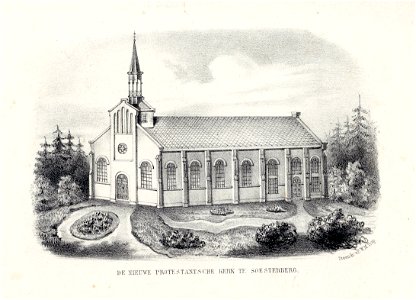 HUA-202300-Gezicht op de voorgevel en de zijgevel van de Nederlands Hervormde kerk te Soesterberg gelegen in een landschapspark