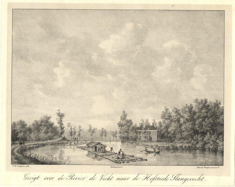 HUA-201934-Gezicht over de Vecht bij Breukelen met rechts op de achtergrond de zijgevel van het huis Slangevecht en op de voorgrond een houtvlot